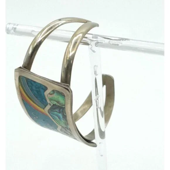 Rainbow Mountain Scene Sterling Silver Cuff Bracelet With Turquoise & Inlay Desi - Picture 3 of 4
